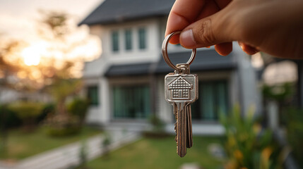 Close-up of a hand holding a house key with a house-shaped key tag, in front of a modern home, symbolizing new beginnings, ownership, and a fresh chapter in life.