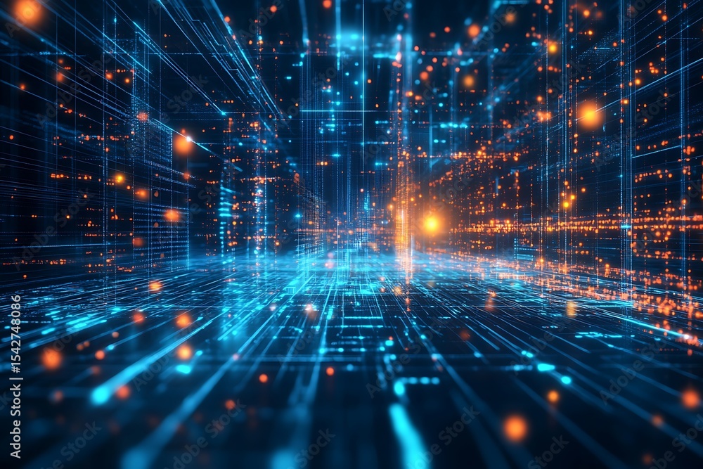 Poster futuristic technology circuit board with glowing light trails and data transmission paths