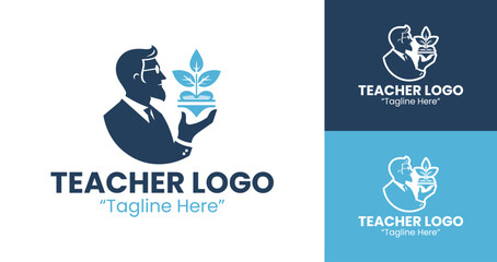 Creative Teacher Logo Design with Book and Plant Symbol in Dark Blue and Teal