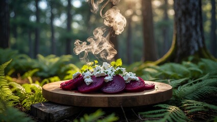 Serving beetroot with cheese and steam in natural forest setting