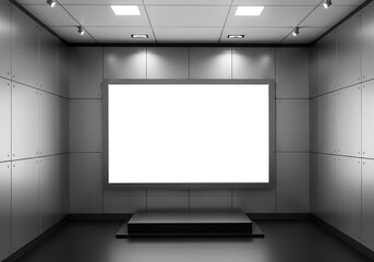 Fototapeta premium Modern Exhibition Space with Blank White Screen and Platform for Display
