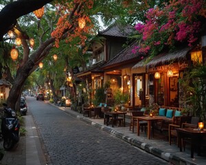 Cobblestone Street at Dusk, Bali Shops and Lanterns