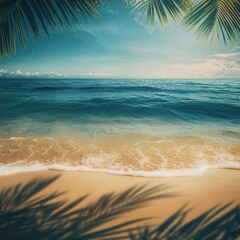 Abstract blur defocused background, nature of tropical summer beach with rays of sun light. Golden sand beach, sea water and palm leaves against sky. Copy space, summer vacation.