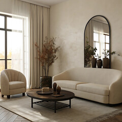Modern beige living room with arch mirror and sofa
