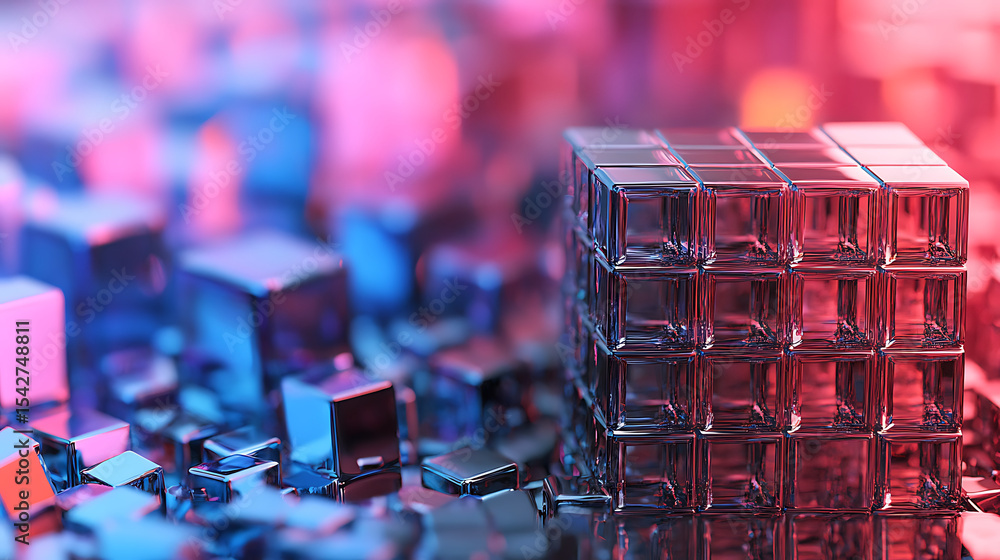Poster a cube made of glass is surrounded by many other cubes. the cubes are all different sizes and are sc