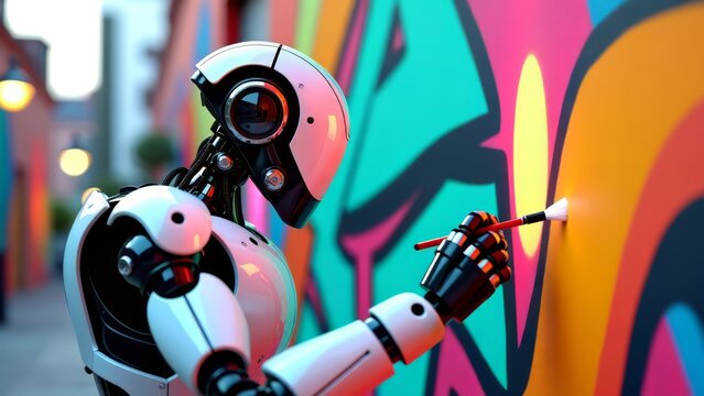 Robot street artist painting colorful mural