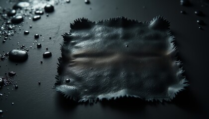 Textured black surface with water droplets on dark background  