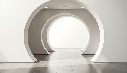 Modern interior hallway with circular archways and white walls  