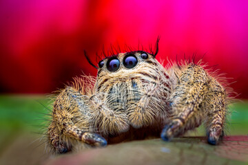 A fat hairy jumping spider with horn like hair posing on a pink background. Backgrounds and...