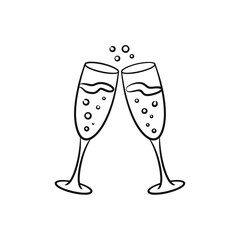 Two champagne glasses toasting line art on white background