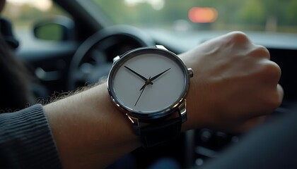 Man Checking Time in Car on Wristwatch During Daytime Travel