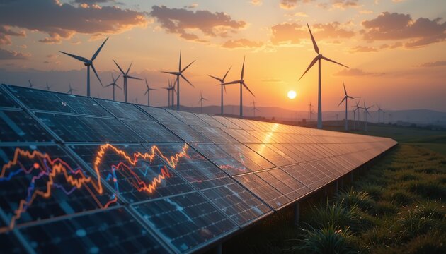 Solar Panel Energy production with display growth chart on grass at sunset with wind turbines in the background. Renewable energy concept, clean power, innovation, sustainability, green Eco tech, 8k