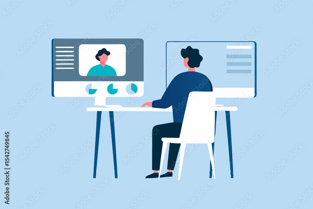 Poster man working from home with two monitors and video call remote work and online meeting concept illust