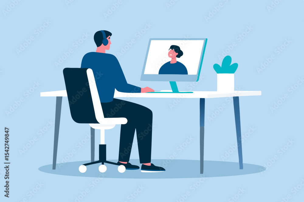 Poster man in video conference with woman on computer screen in home office setting working remotely and co