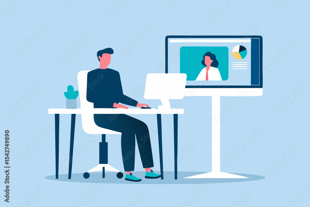 Poster man attending virtual meeting with female colleague presenting data on large screen in home office s