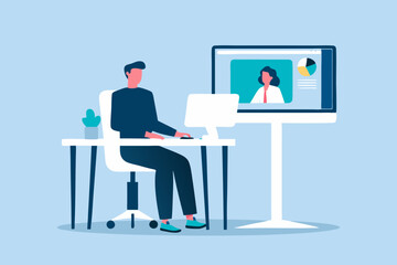 Obraz premium Man Attending Virtual Meeting with Female Colleague Presenting Data on Large Screen in Home Office Setting During Day