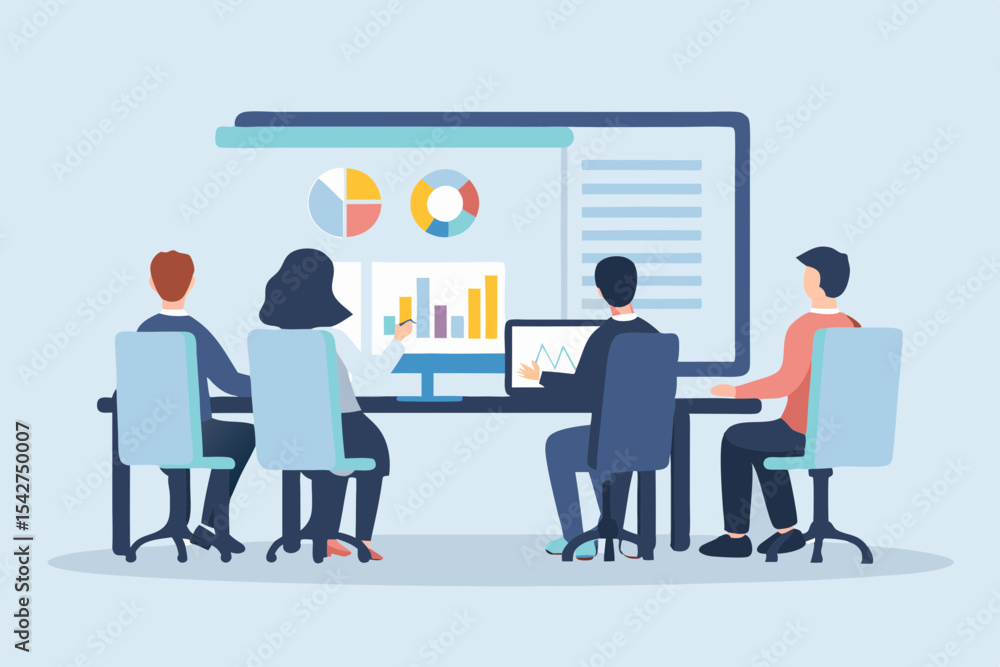 Poster business team meeting analyzing data charts and graphs on computer screens in the office conference 