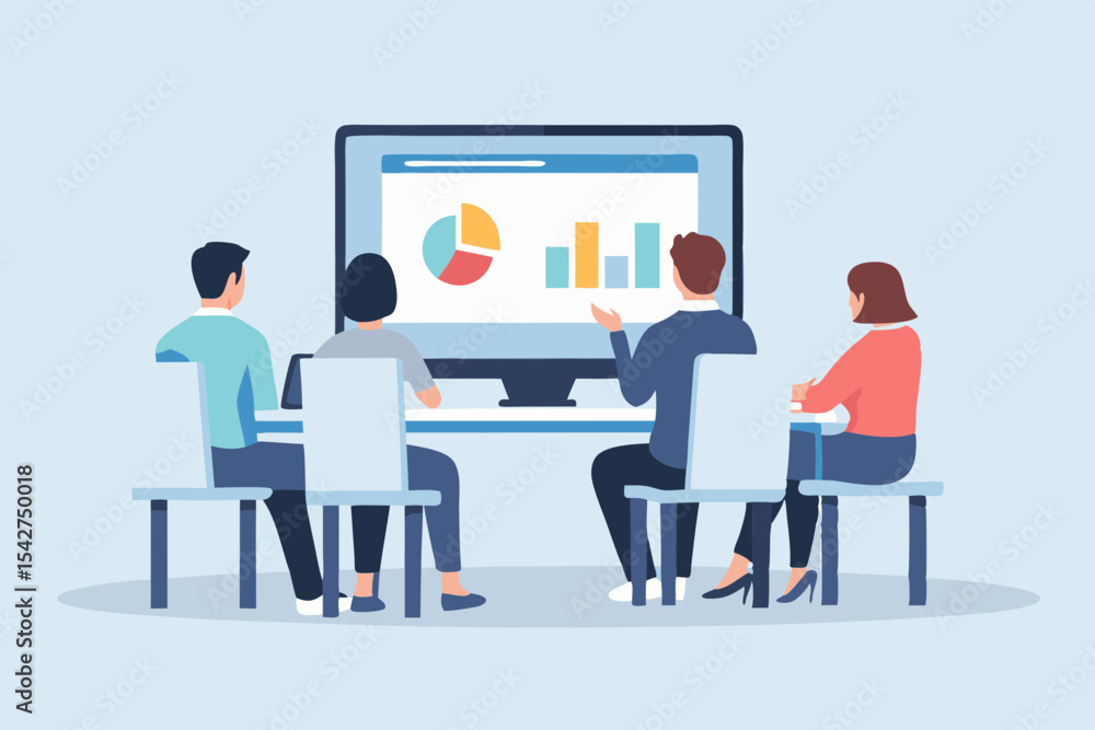 Aufkleber business meeting with data presentation on a large screen four people discussing charts and graphs b