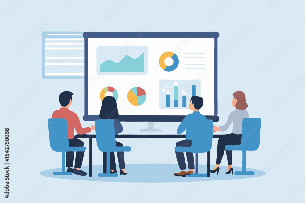 Aufkleber business meeting presentation with data charts and graphs on screen teamwork and collaboration in th