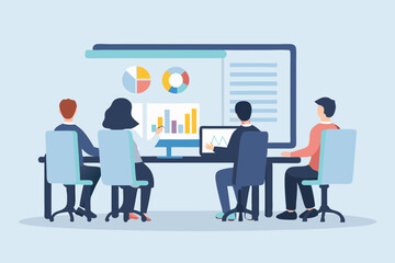 Business Team Meeting Analyzing Data Charts and Graphs on Computer Screens in the Office Conference Room for Strategy Planning