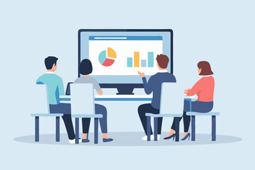 Business Meeting with Data Presentation on a Large Screen Four People Discussing Charts and Graphs Back View Flat Vector Illustration