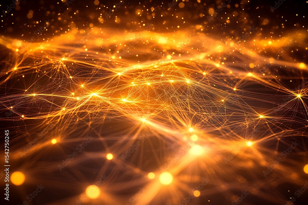 Poster abstract network connection lines and dots with golden light, technology background illustration