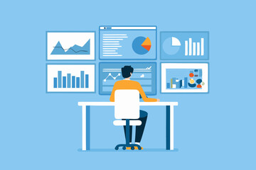 Data Analyst Working with Multiple Screens Displaying Charts and Graphs on a Light Blue Background in a Flat Vector Style