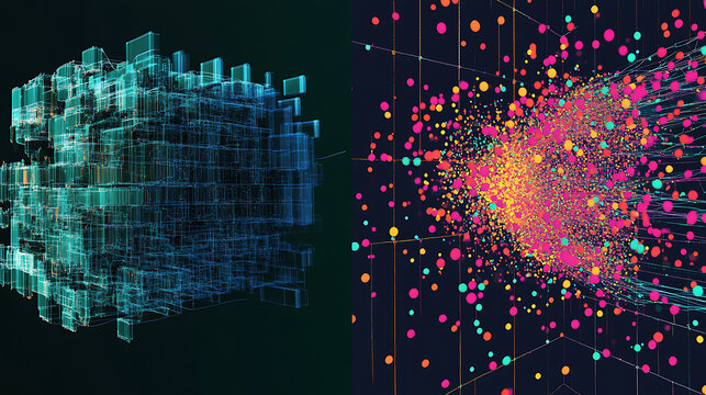 Two different types of computer-generated images. One is a cube made up of many small squares, while the other is a colorful explosion of dots. The cube appears to be a 3D model