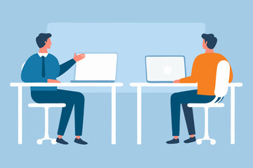 Two Businessmen Working on Laptops in an Office Facing Away from Each Other in a Modern Minimalist Style Illustration
