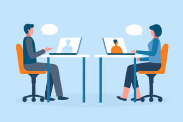 Online Meeting Illustration of Man and Woman Talking Through Laptop Remote Work and Communication Vector Illustration on Light Blue Background