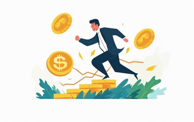 Businessman is running up a staircase of gold coins