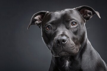 Black pit bull close-up, Curious dog head tilt, Studio pet portrait with soft light