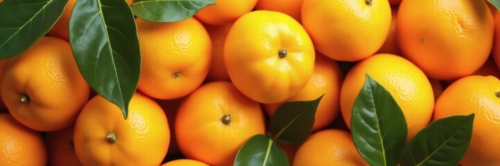 Overhead view of a pile of bright oranges with green leaves