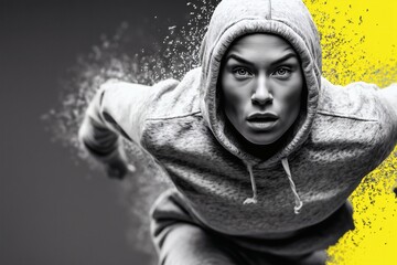 Female athlete running in hoodie, Intense action portrait with yellow accent, Dynamic fitness or motivation concept image
