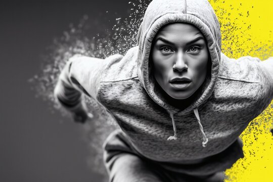 Female athlete running in hoodie, Intense action portrait with yellow accent, Dynamic fitness or motivation concept image