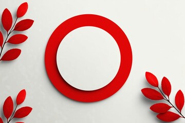 Red circular frame with red leaves, Minimal floral border layout, Modern template for seasonal or nature-themed design