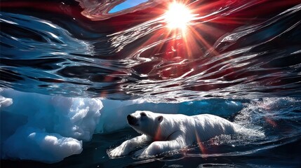 Polar bear swimming underwater in icy water. Sunlight streams through the ice