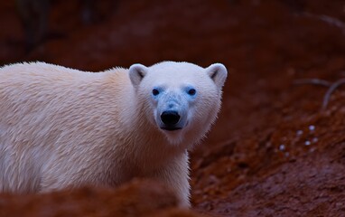 Polar bear with vibrant blue eyes in a reddish-brown environment