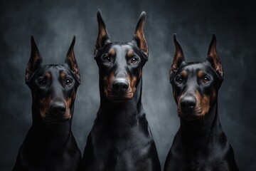 Three doberman portrait, Black dogs on dark backdrop, Studio lineup concept for guard dogs