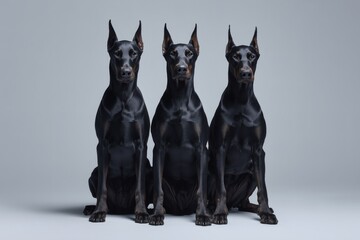 Three dobermans aligned, Sleek black dogs sitting, Guard dog breed lineup concept