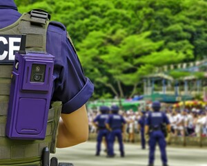 Police officer in tactical gear on duty, blurred crowd in park background