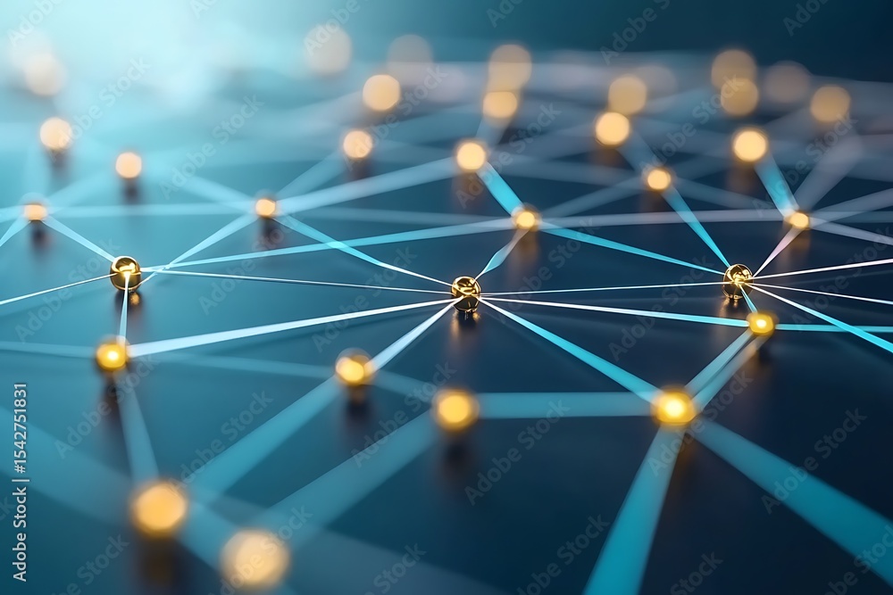 Poster network connection illustration featuring golden nodes and glowing lines for technology concepts