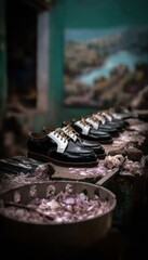 Polished black and white shoes lined up on a work surface amidst chopped onions