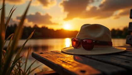 Fishing hat and sunglasses resting on a bench by the lake at sunset  