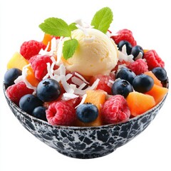 A different delicious fruit salad dessert, a refreshing tropical fruit salad with dragon fruit, passion fruit, 