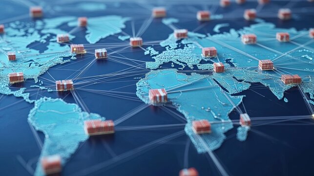 Global industrial assembly line interconnected with international factory icons and shipping routes on supply chain map, representing logistics, manufacturing, and worldwide export distribution

