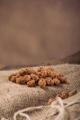 Marinated Nuts with Brown Sauce and Sesame on White Background– Rustic Gourmet Snack