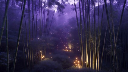 Naklejka premium Walking Path Through Bamboo Forest Glowing With Light in Evening
