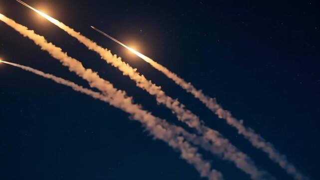 World War III: Trails of light in a dark blue night sky warfare and conflict