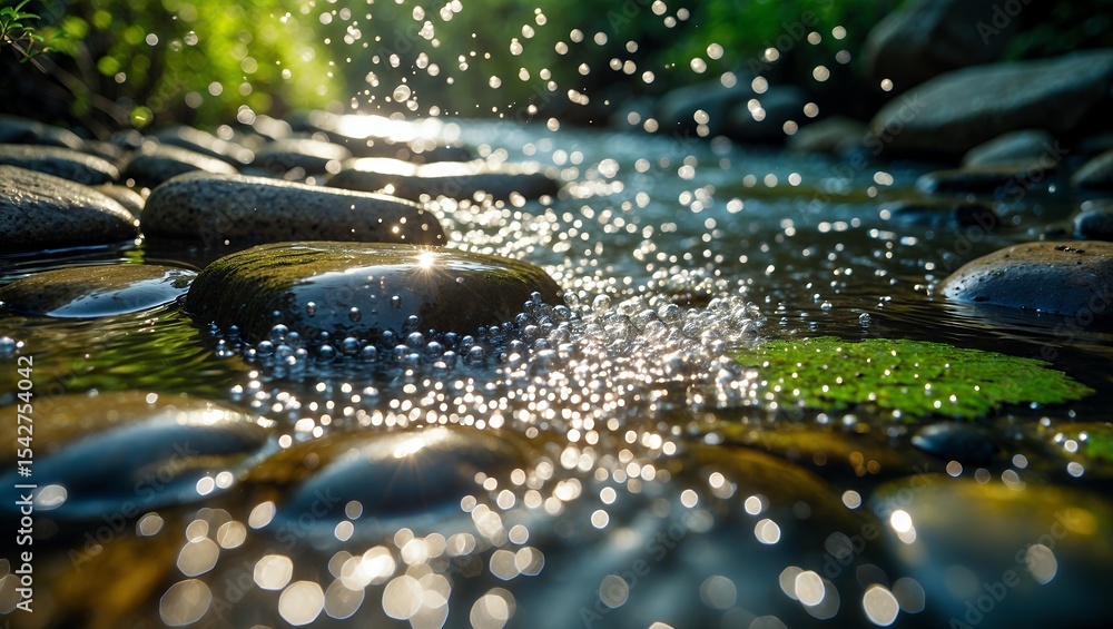 Poster water splashing on rocks in river stream creating sparkling light